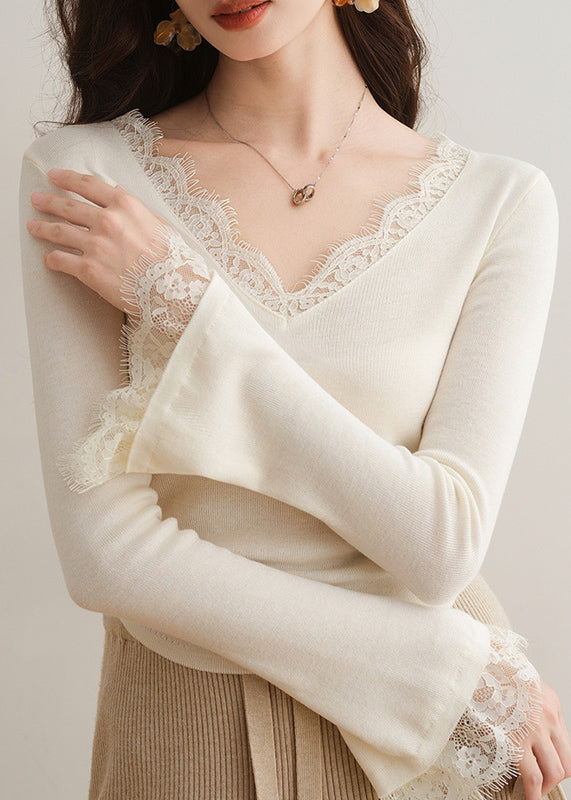 French Apricot V Neck Lace Patchwork Knit Top Flare Sleeve TH030