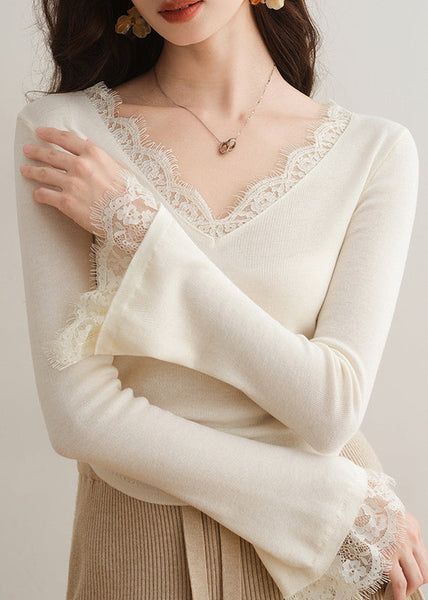 Top en maille patchwork dentelle abricot français à col en V et manches évasées TH030