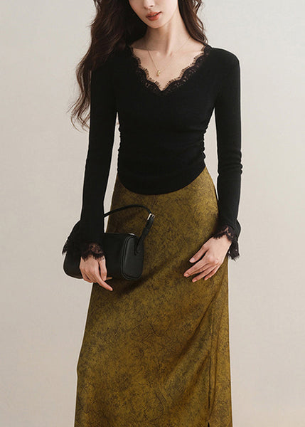 Top en maille patchwork dentelle abricot français à col en V et manches évasées TH030