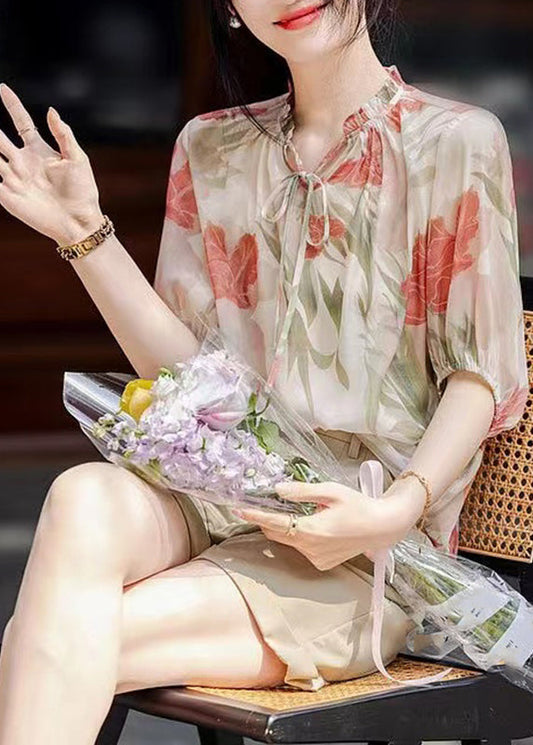 French Apricot V Neck Print Chiffon Top Summer WW011 OL-HTP240812