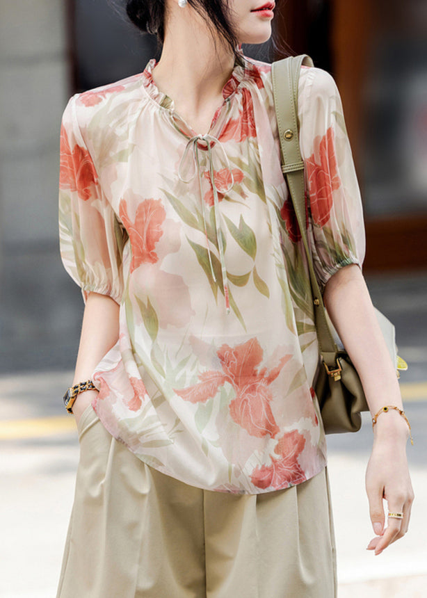 French Apricot V Neck Print Chiffon Top Summer WW011 OL-HTP240812