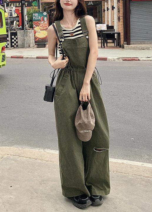 French Army Green Drawstring Pockets Cotton Jumpsuit Sleeveless XX028 SH-LF-JPTS240611