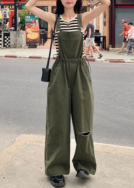 French Army Green Drawstring Pockets Cotton Jumpsuit Sleeveless XX028 SH-LF-JPTS240611