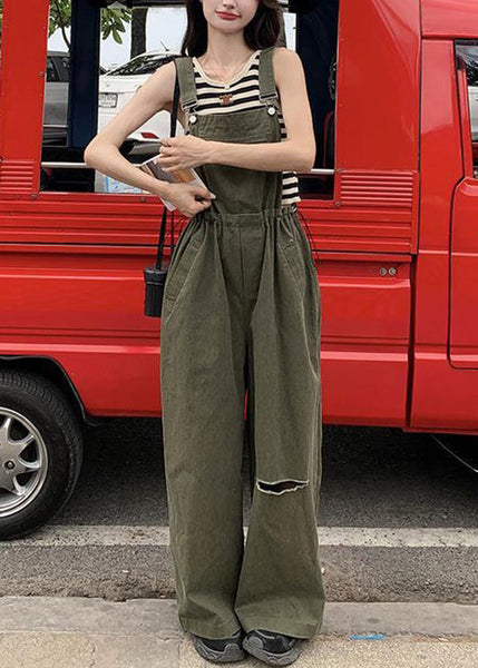 French Army Green Drawstring Pockets Cotton Jumpsuit Sleeveless XX028 SH-LF-JPTS240611