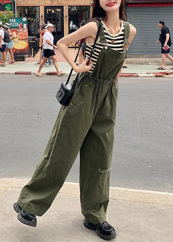 French Army Green Drawstring Pockets Cotton Jumpsuit Sleeveless XX028 SH-LF-JPTS240611