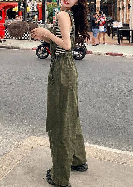 French Army Green Drawstring Pockets Cotton Jumpsuit Sleeveless XX028 SH-LF-JPTS240611