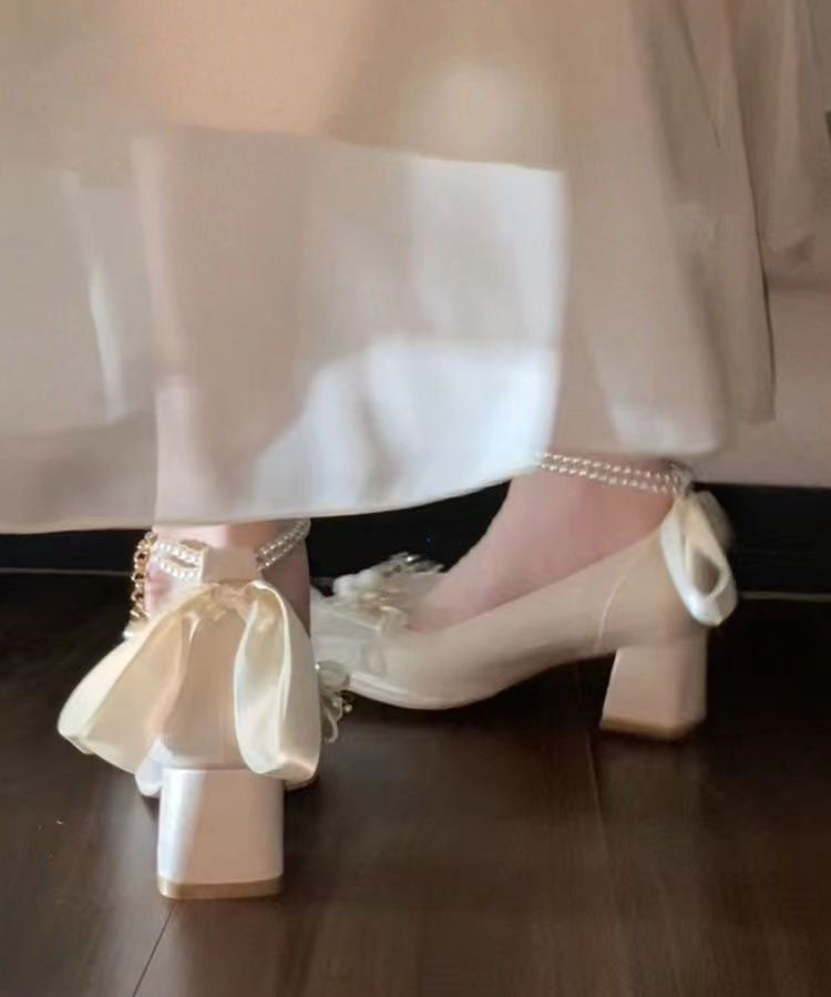 French Beige Bow Pearl Splicing Chunky Heel Shoes DD1002 Shoe-LX240605