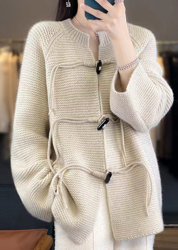 French Beige Button Cozy Woolen Knit Coats Fall AB1030 Genistyle Shop