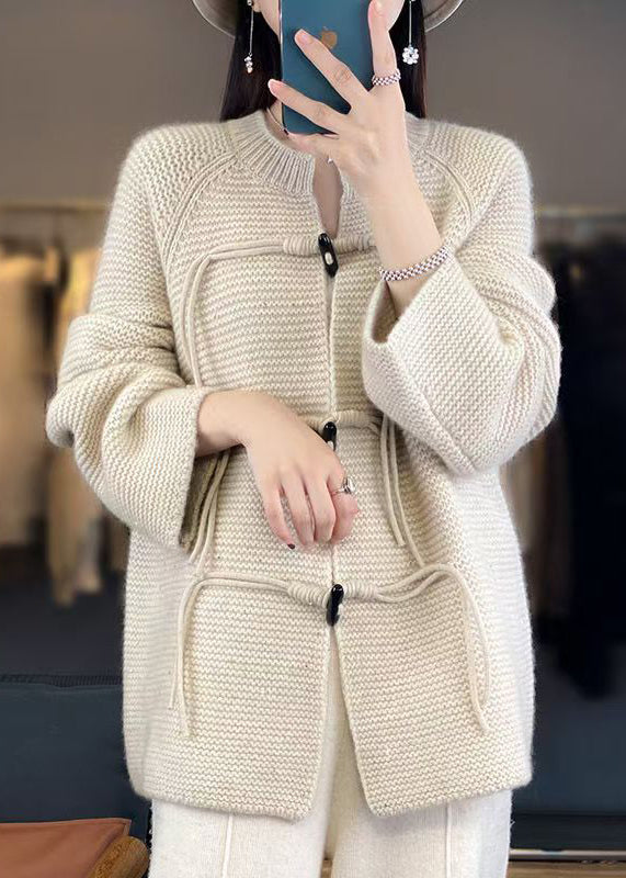 French Beige Button Cozy Woolen Knit Coats Fall AB1030 Genistyle Shop