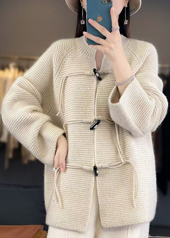 French Beige Button Cozy Woolen Knit Coats Fall AB1030 Genistyle Shop