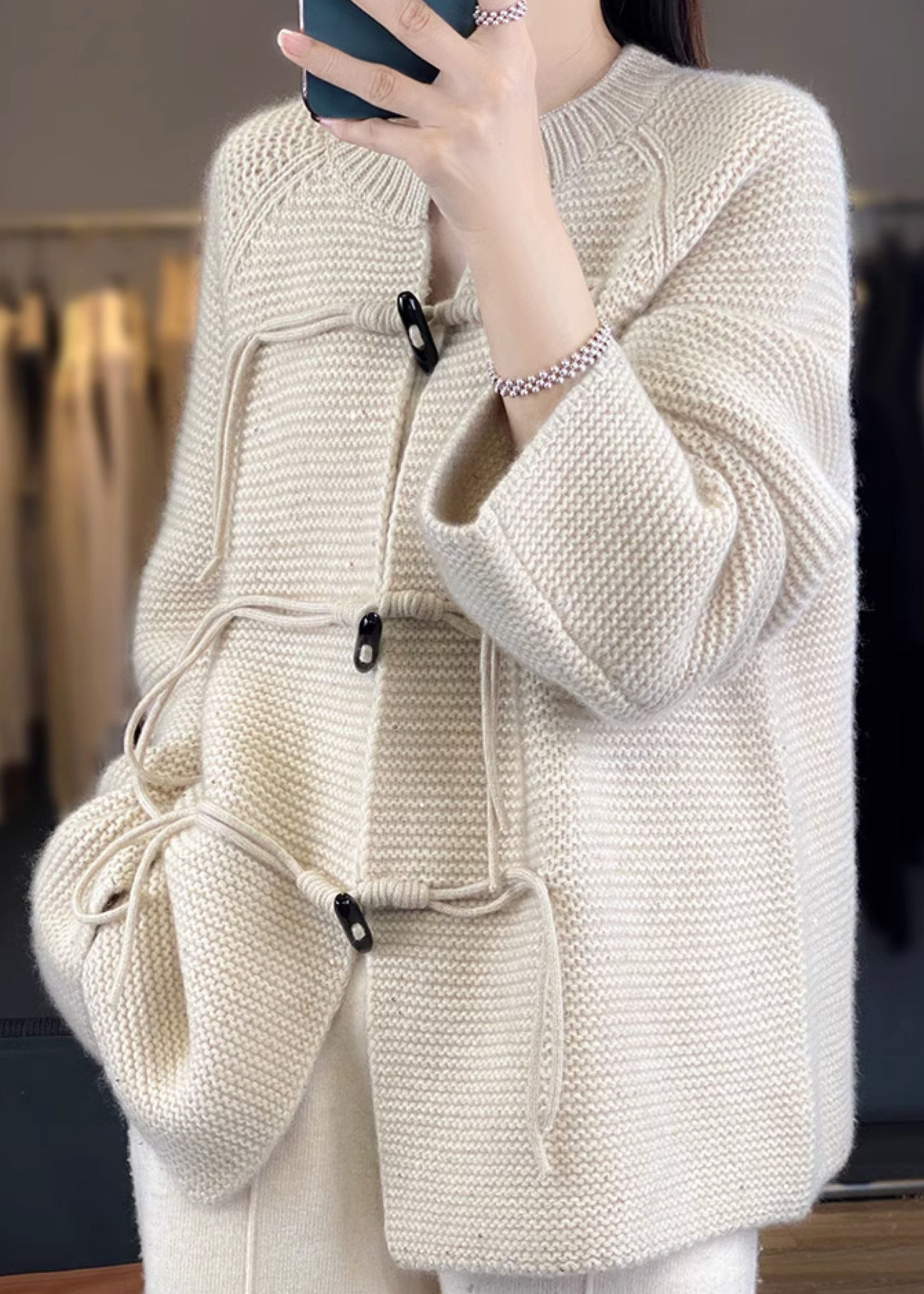 French Beige Button Cozy Woolen Knit Coats Fall AB1030 Genistyle Shop