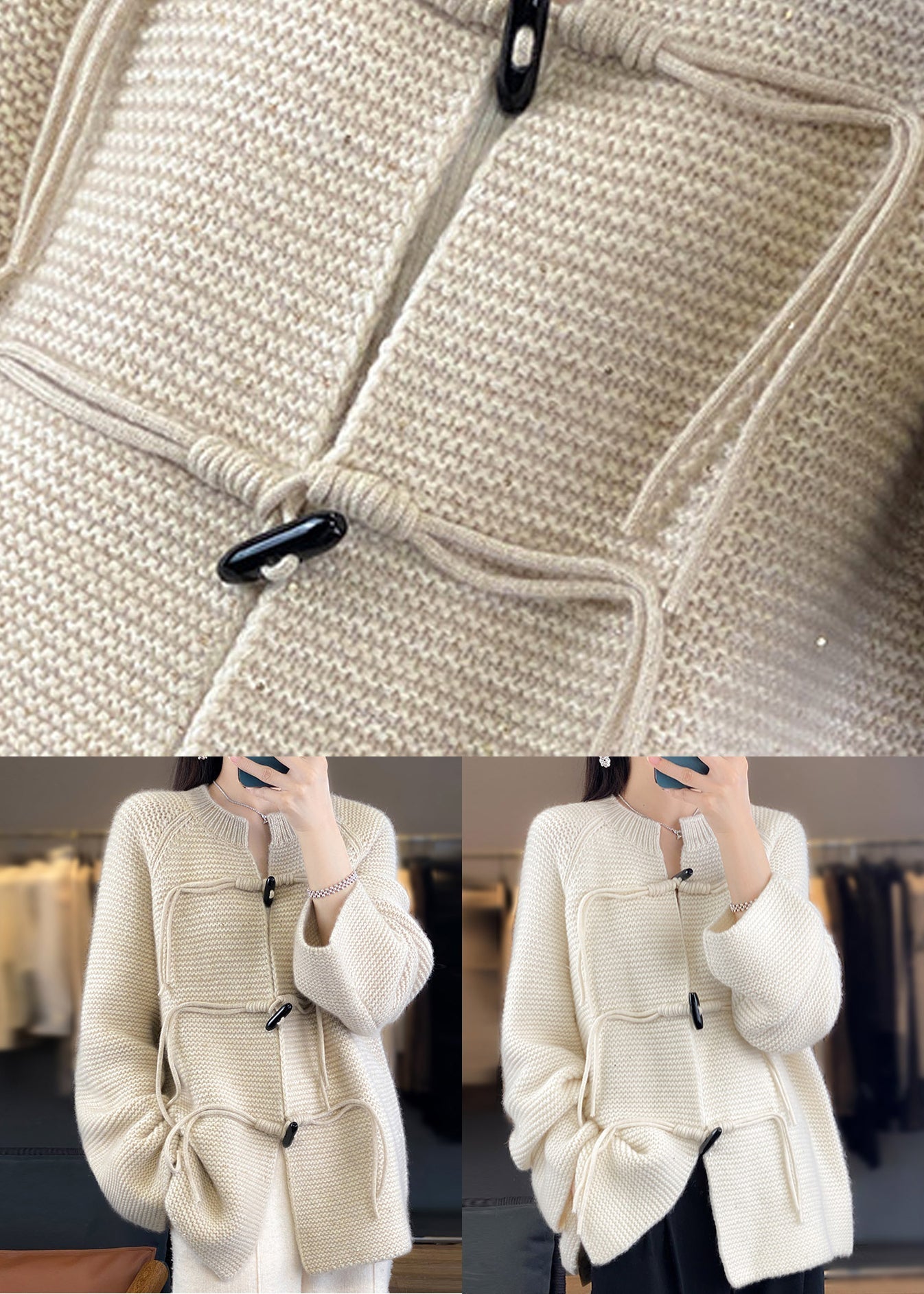 French Beige Button Cozy Woolen Knit Coats Fall AB1030 Genistyle Shop