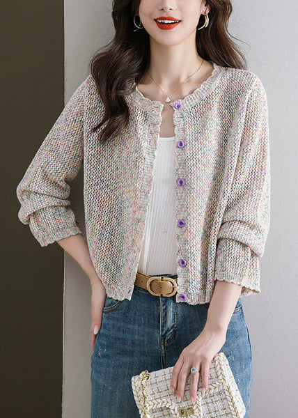 French Beige Hollow Out Button Knit Cardigan Fall QS022 OM-BB241010