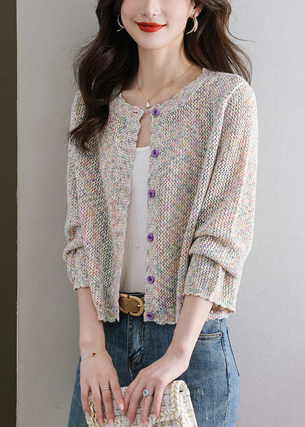 French Beige Hollow Out Button Knit Cardigan Fall QS022 OM-BB241010