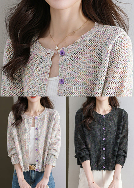 French Beige Hollow Out Button Knit Cardigan Fall QS022 OM-BB241010