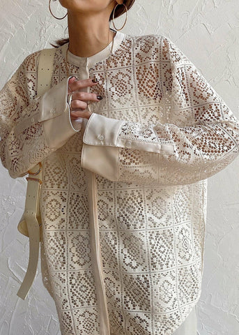 French Lace Out Sheer Blouses Hollow Summer Beige FashionChic