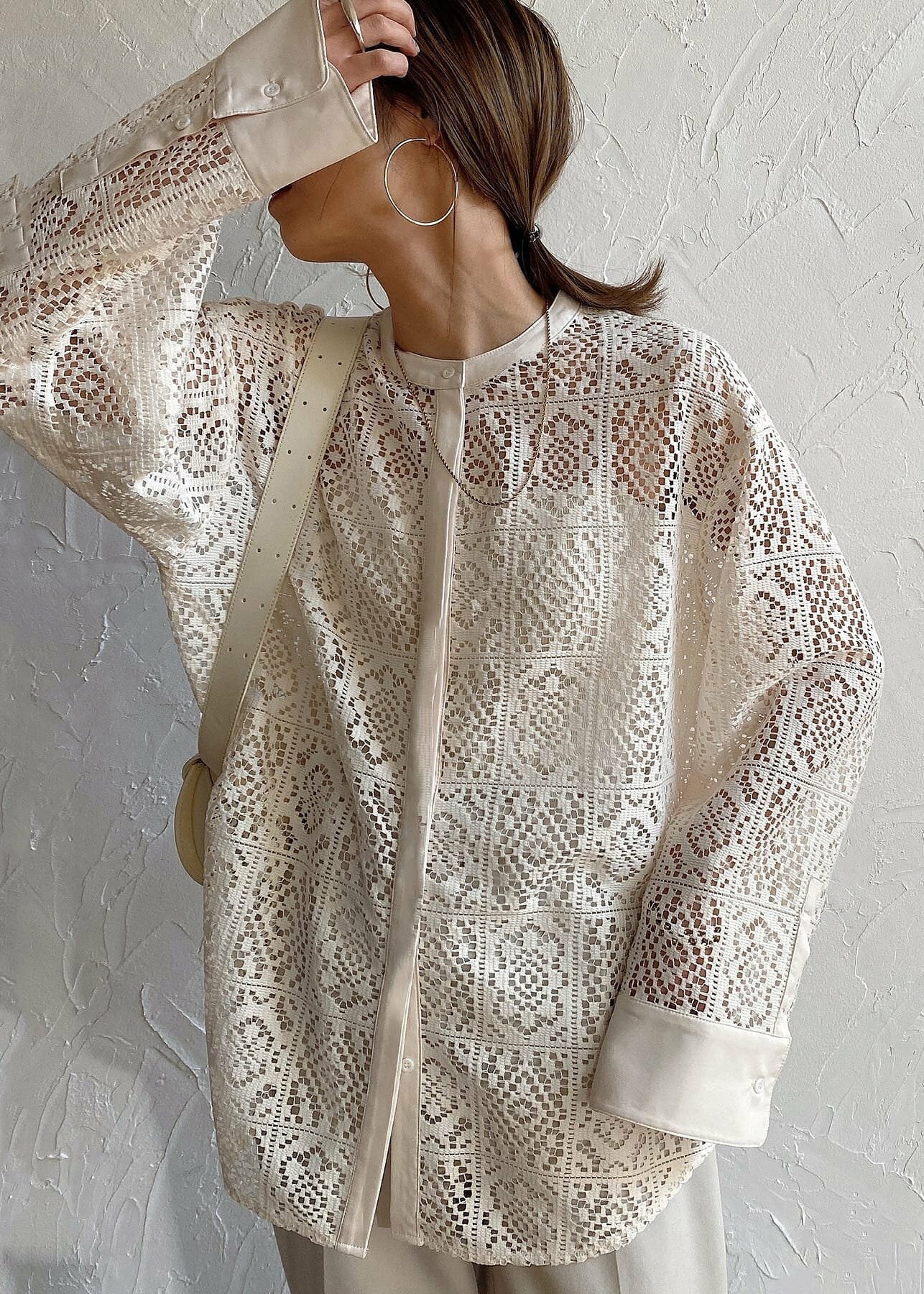 French Lace Out Sheer Blouses Hollow Summer Beige FashionChic