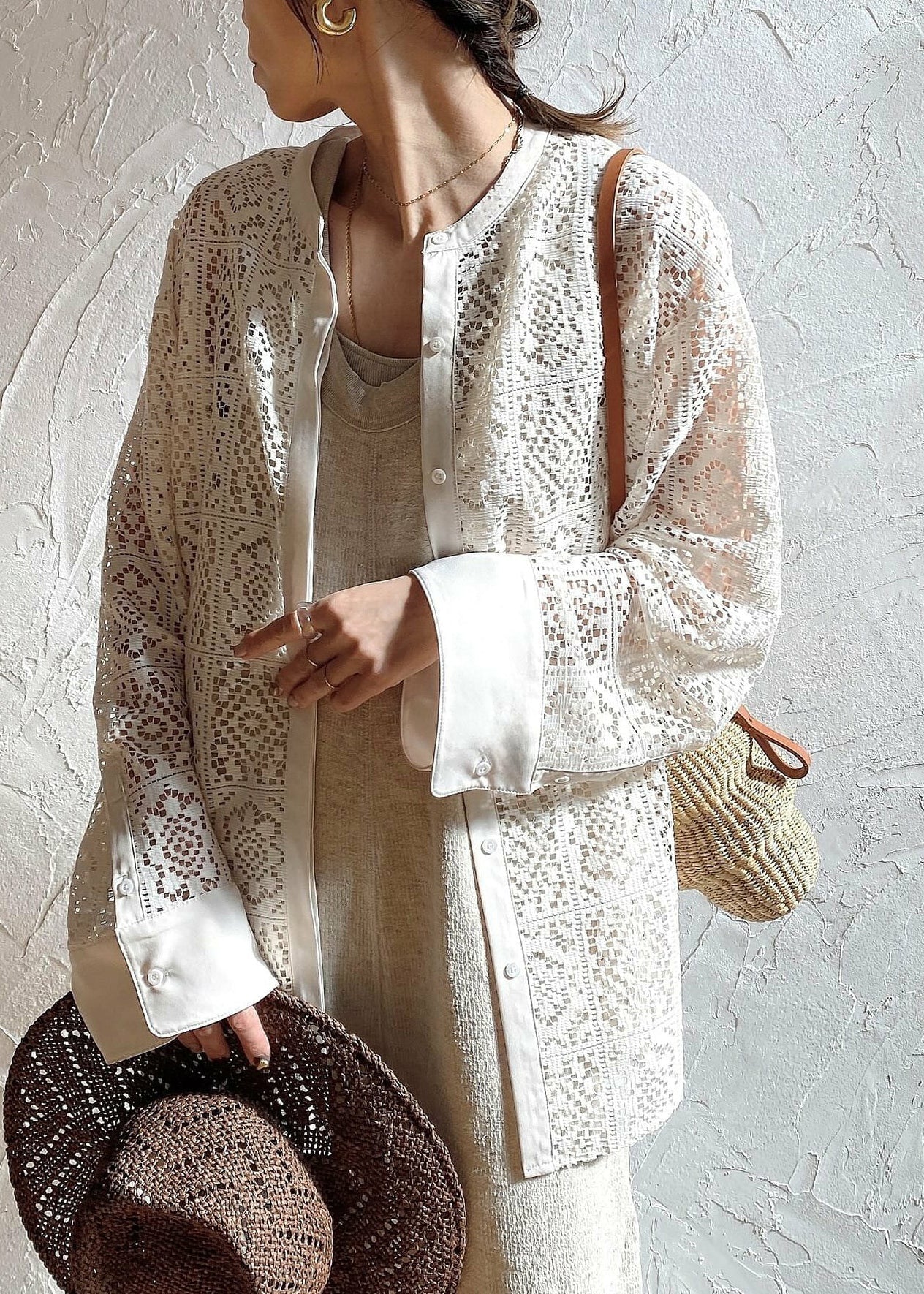 French Lace Out Sheer Blouses Hollow Summer Beige FashionChic