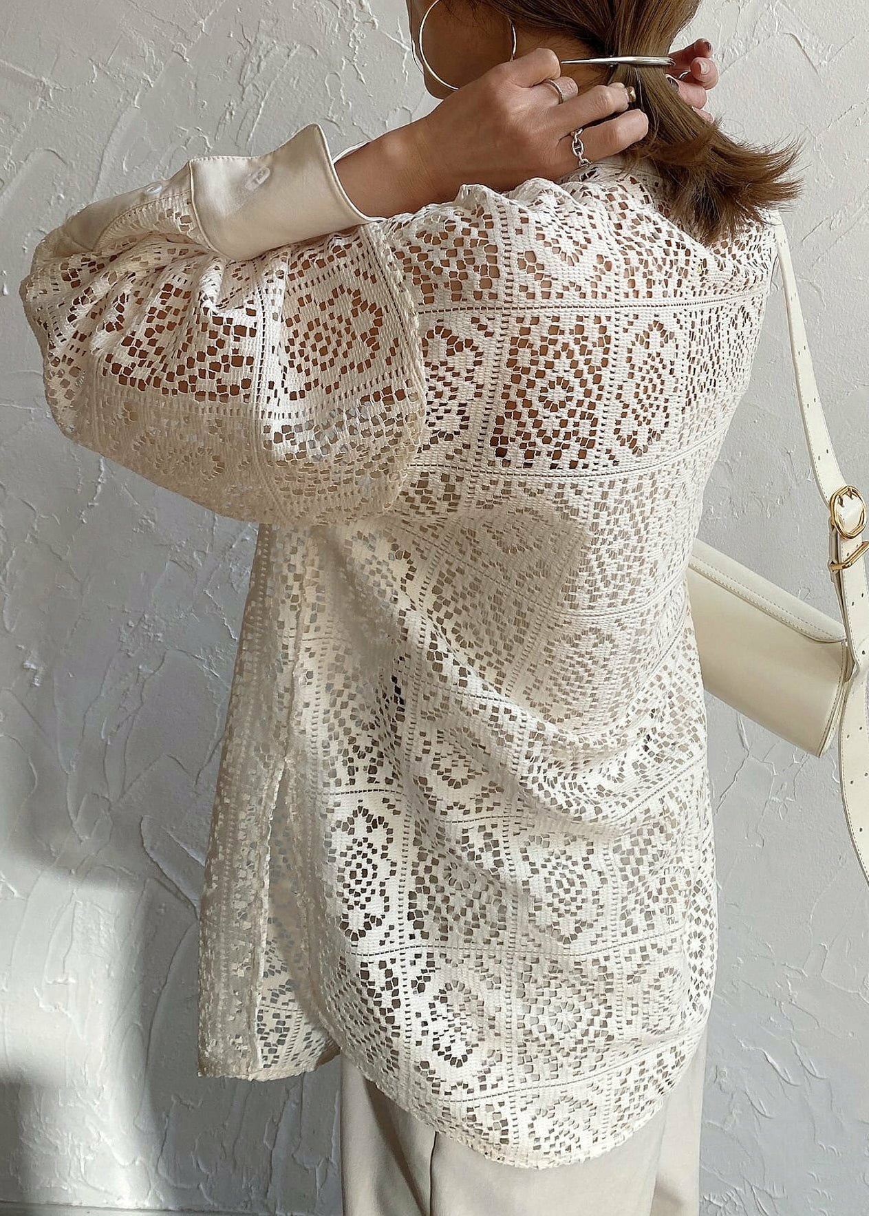 French Lace Out Sheer Blouses Hollow Summer Beige FashionChic