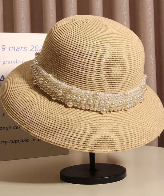 Nail Straw French Beige Woven Hat Cloche Bead Summer FashionChic