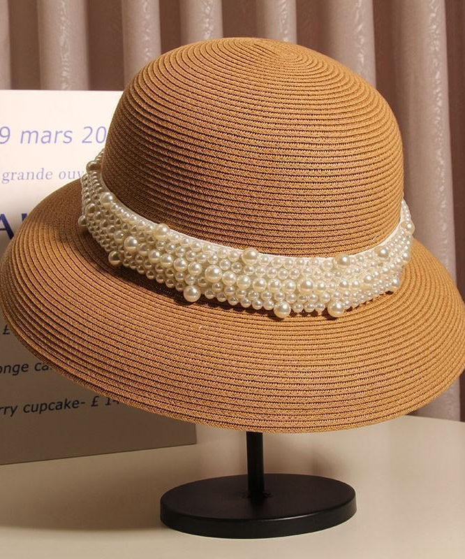 Nail Straw French Beige Woven Hat Cloche Bead Summer FashionChic