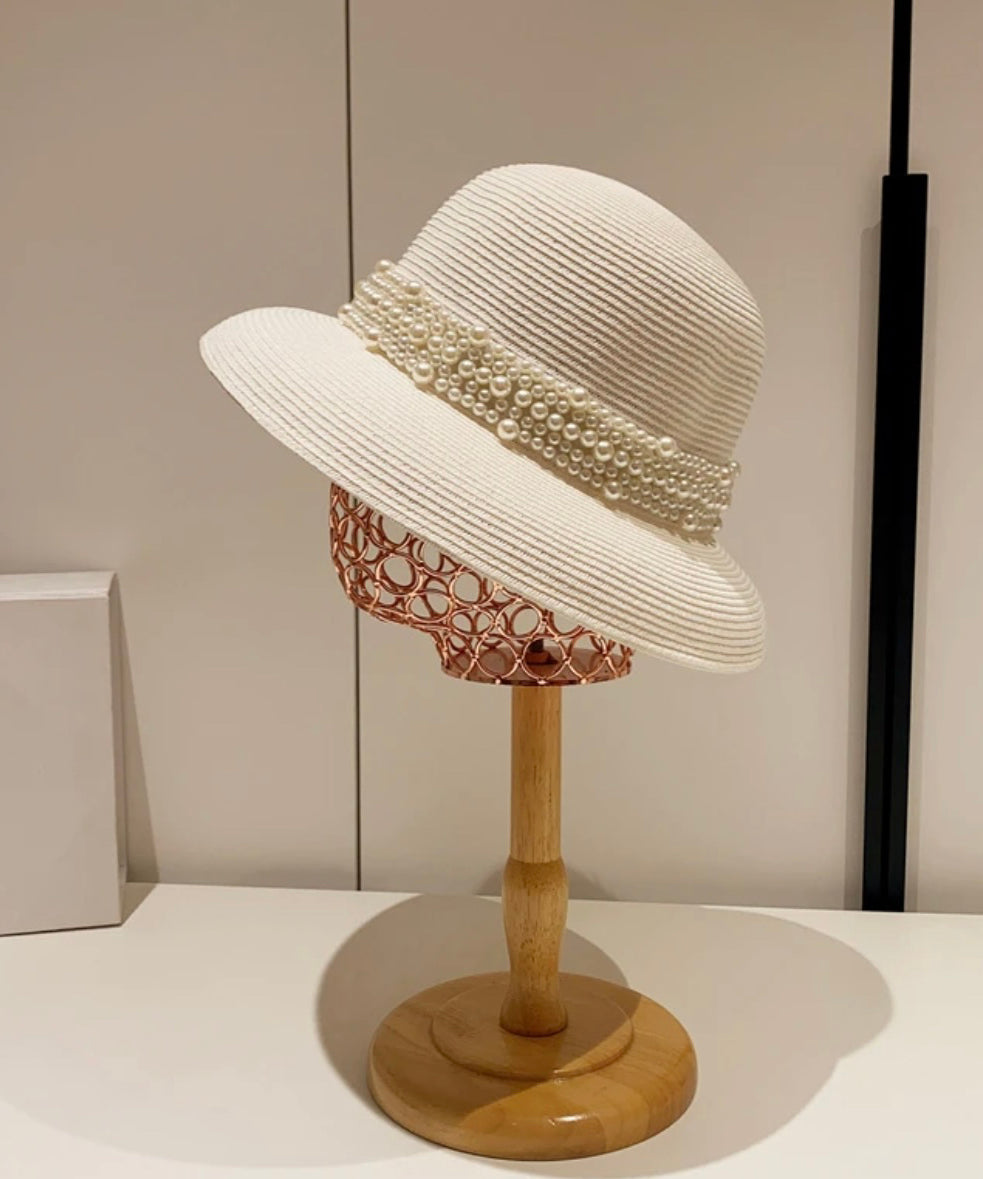 Nail Straw French Beige Woven Hat Cloche Bead Summer FashionChic
