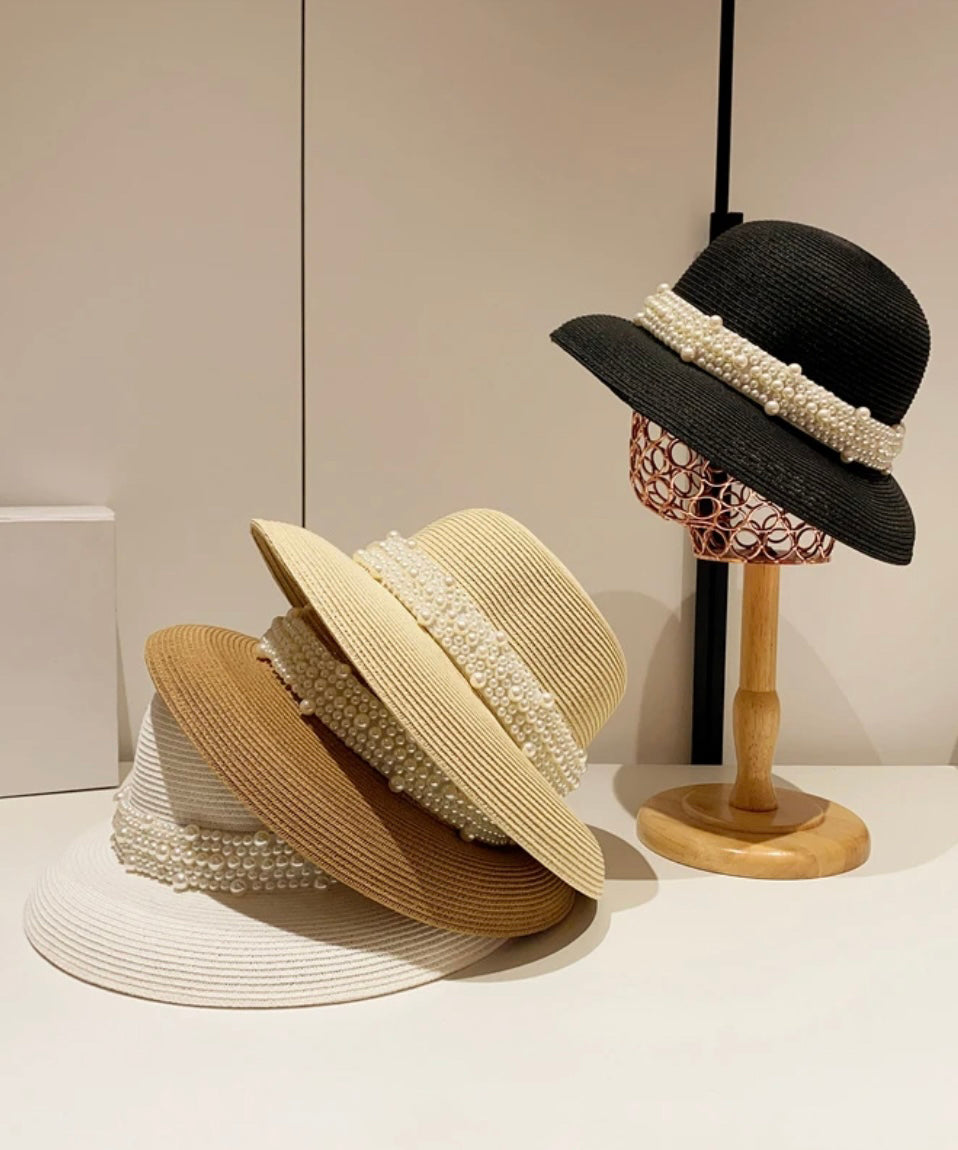 Nail Straw French Beige Woven Hat Cloche Bead Summer FashionChic