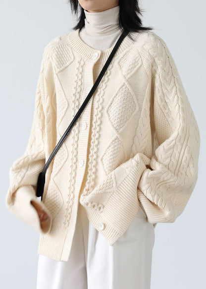 French Beige O Neck Button Cable Knit Coats Spring YW019 ABC