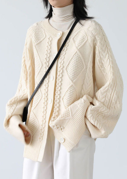 French Beige O Neck Button Cable Knit Coats Spring YW019 ABC