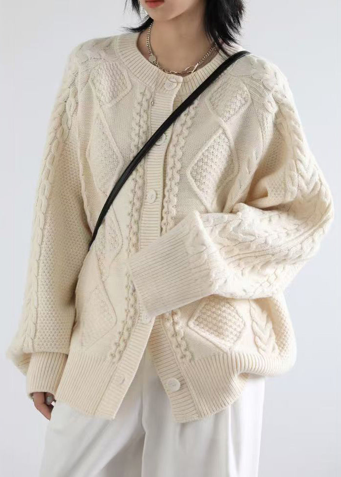French Beige O Neck Button Cable Knit Coats Spring YW019 ABC