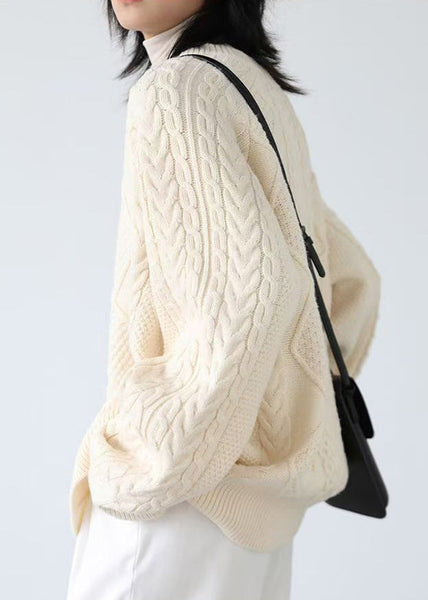 French Beige O Neck Button Cable Knit Coats Spring YW019 ABC
