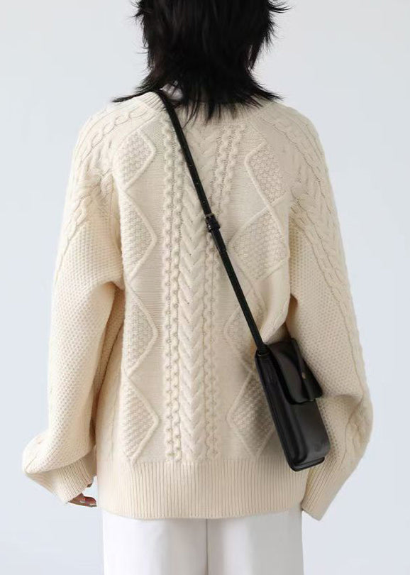 French Beige O Neck Button Cable Knit Coats Spring YW019 ABC