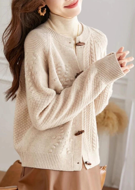 French Beige O Neck Button Cozy Knit Cardigan Fall QI018 OM-BB241005