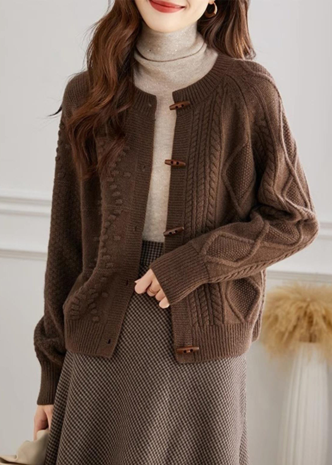 French Beige O Neck Button Cozy Knit Cardigan Fall QI018 OM-BB241005