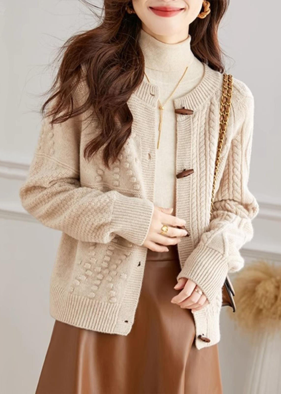 French Beige O Neck Button Cozy Knit Cardigan Fall QI018 OM-BB241005