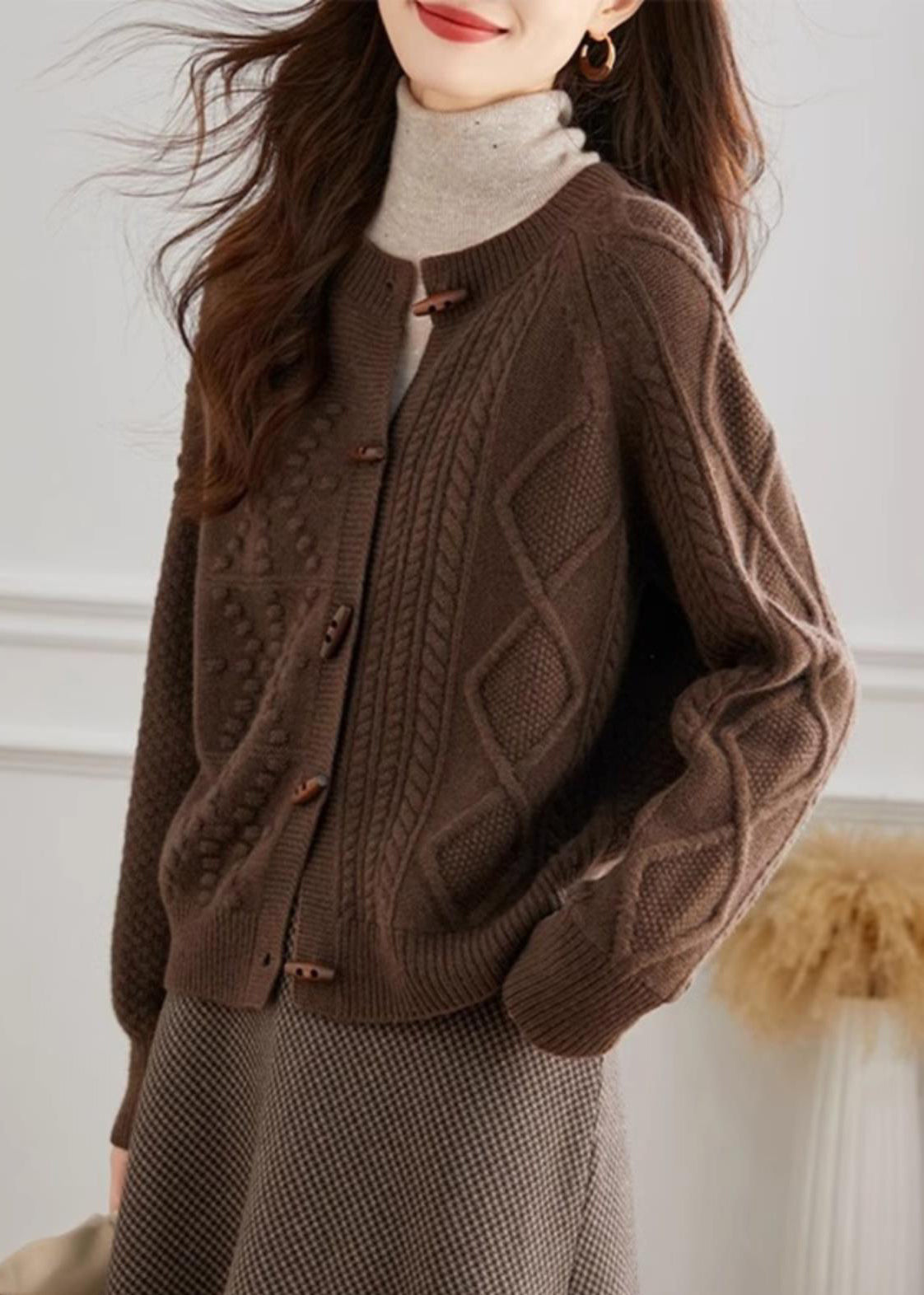 French Beige O Neck Button Cozy Knit Cardigan Fall QI018 OM-BB241005