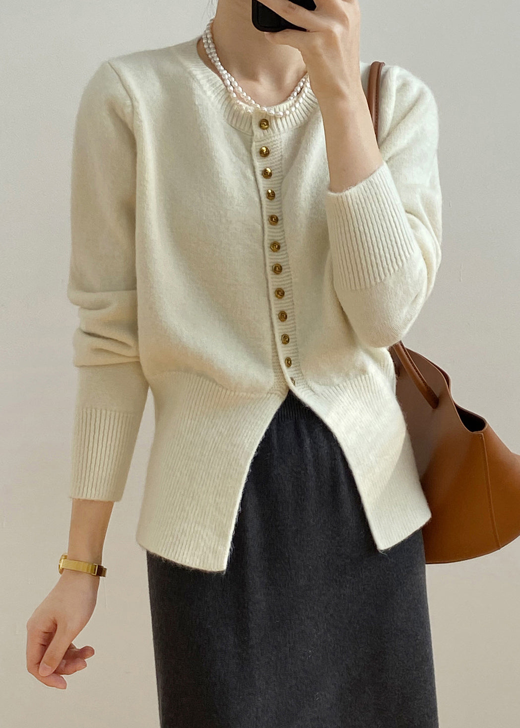 French Beige O Neck Button Knit Cardigan Top Fall WR016 HS-NCT241103