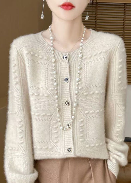 French Beige O Neck Jacquard Wool Cardigan Spring TQ021 ABC