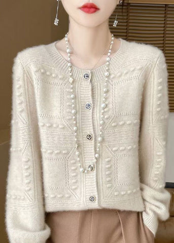 French Beige O Neck Jacquard Wool Cardigan Spring TQ021 ABC