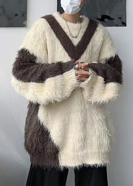 French Beige O-Neck Patchwork Mink Velvet Men Sweater Winter RC042 ABC