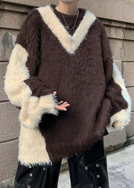 French Beige O-Neck Patchwork Mink Velvet Men Sweater Winter RC042 ABC