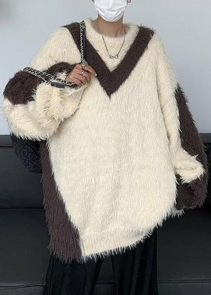 French Beige O-Neck Patchwork Mink Velvet Men Sweater Winter RC042 ABC