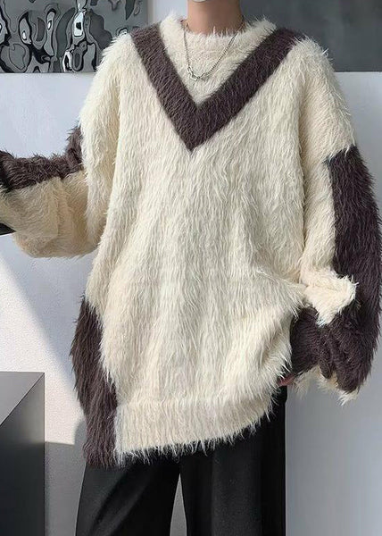 French Beige O-Neck Patchwork Mink Velvet Men Sweater Winter RC042 ABC