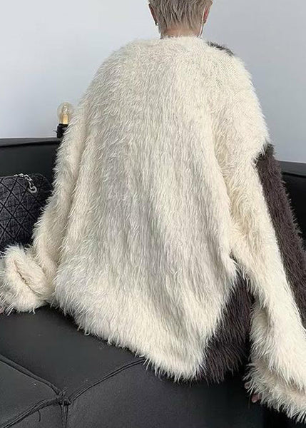 French Beige O-Neck Patchwork Mink Velvet Men Sweater Winter RC042 ABC