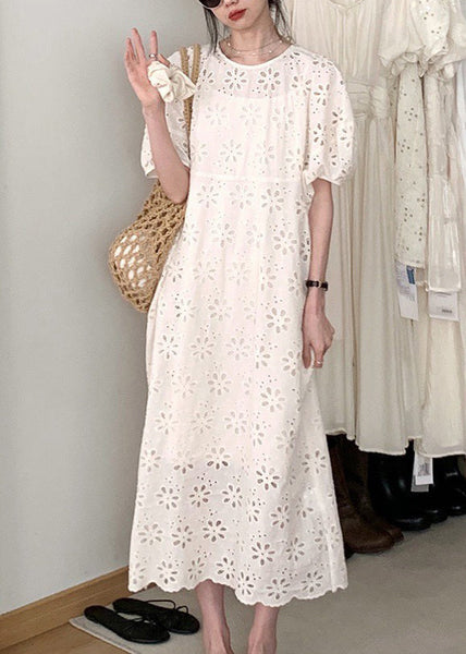 French Beige Hollow Puff Dress Sleeve Cotton Out O-Neck FashionChic