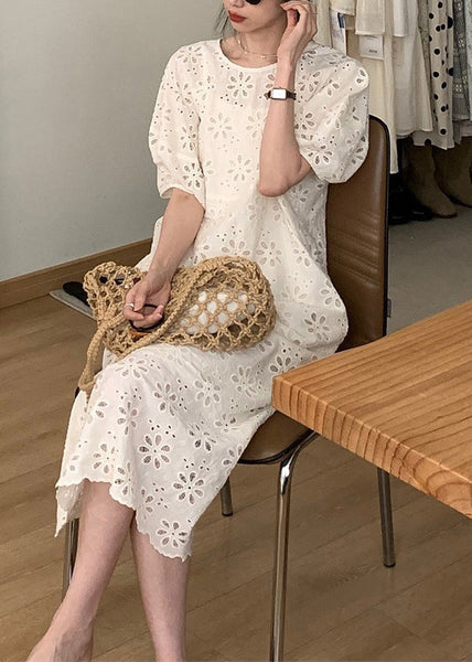 French Beige Hollow Puff Dress Sleeve Cotton Out O-Neck FashionChic