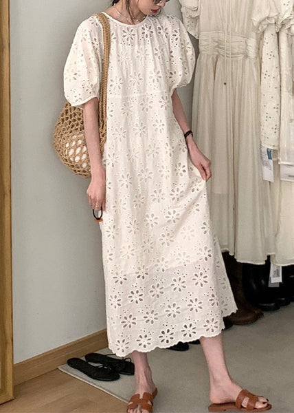 French Beige Hollow Puff Dress Sleeve Cotton Out O-Neck FashionChic