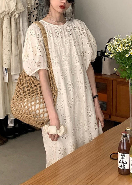 French Beige Hollow Puff Dress Sleeve Cotton Out O-Neck FashionChic