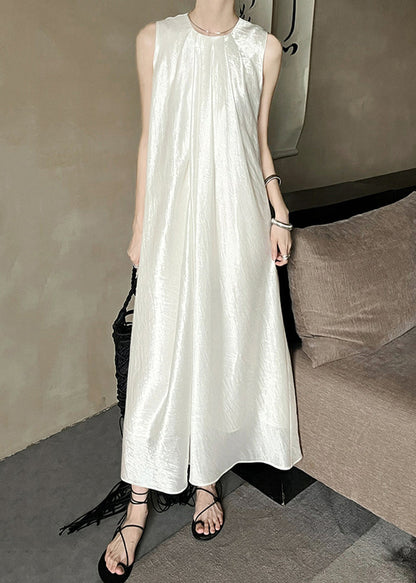 O Beige Sleeveless Dresses Long Solid Silk Neck French FashionChic