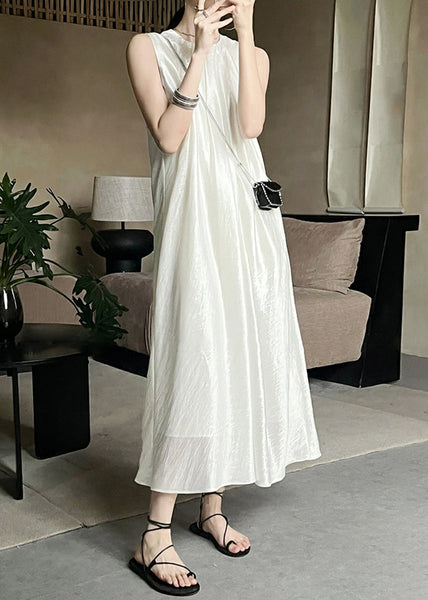O Beige Sleeveless Dresses Long Solid Silk Neck French FashionChic